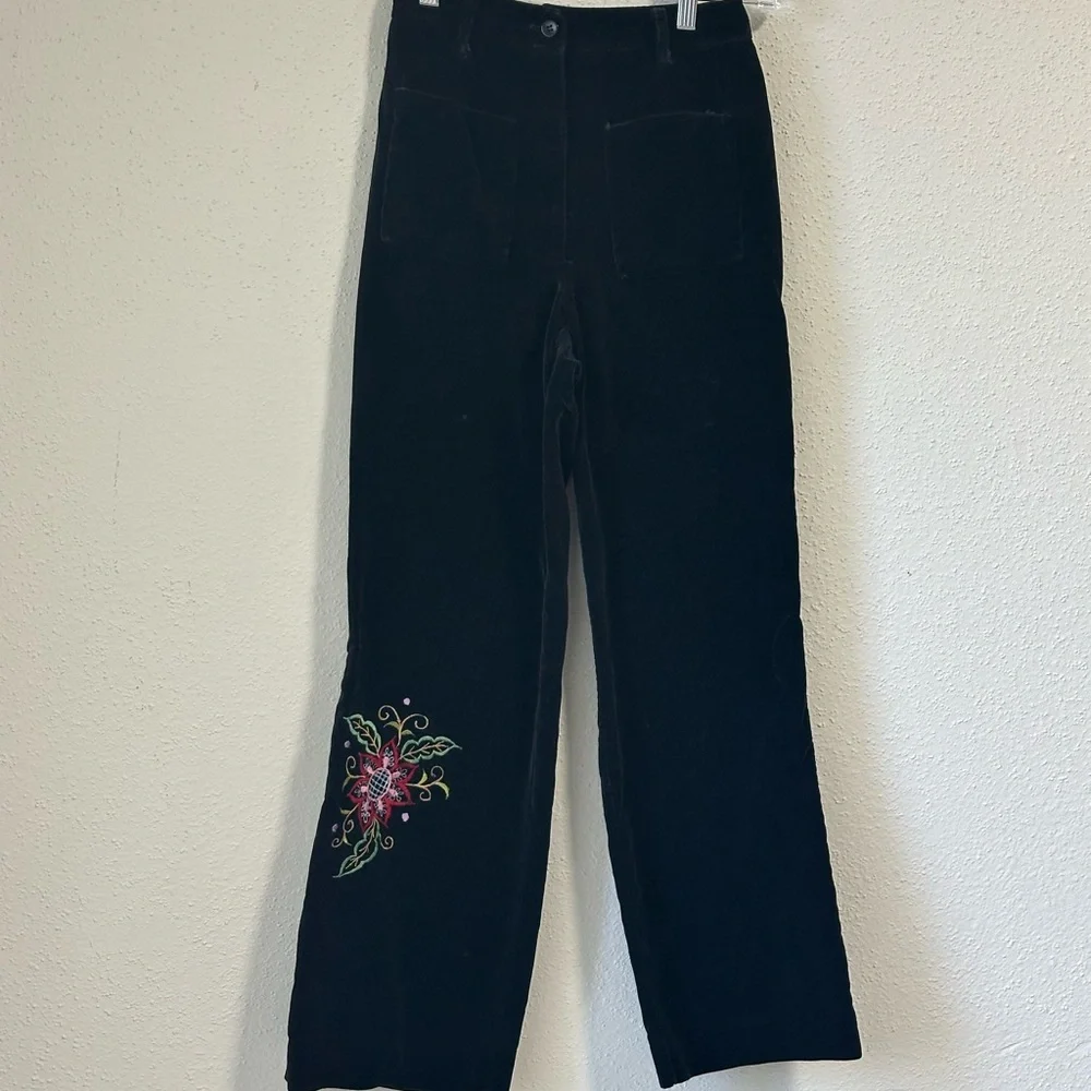 Vintage velvet black jacket and pants size youth 8 Pink and green embroidery.